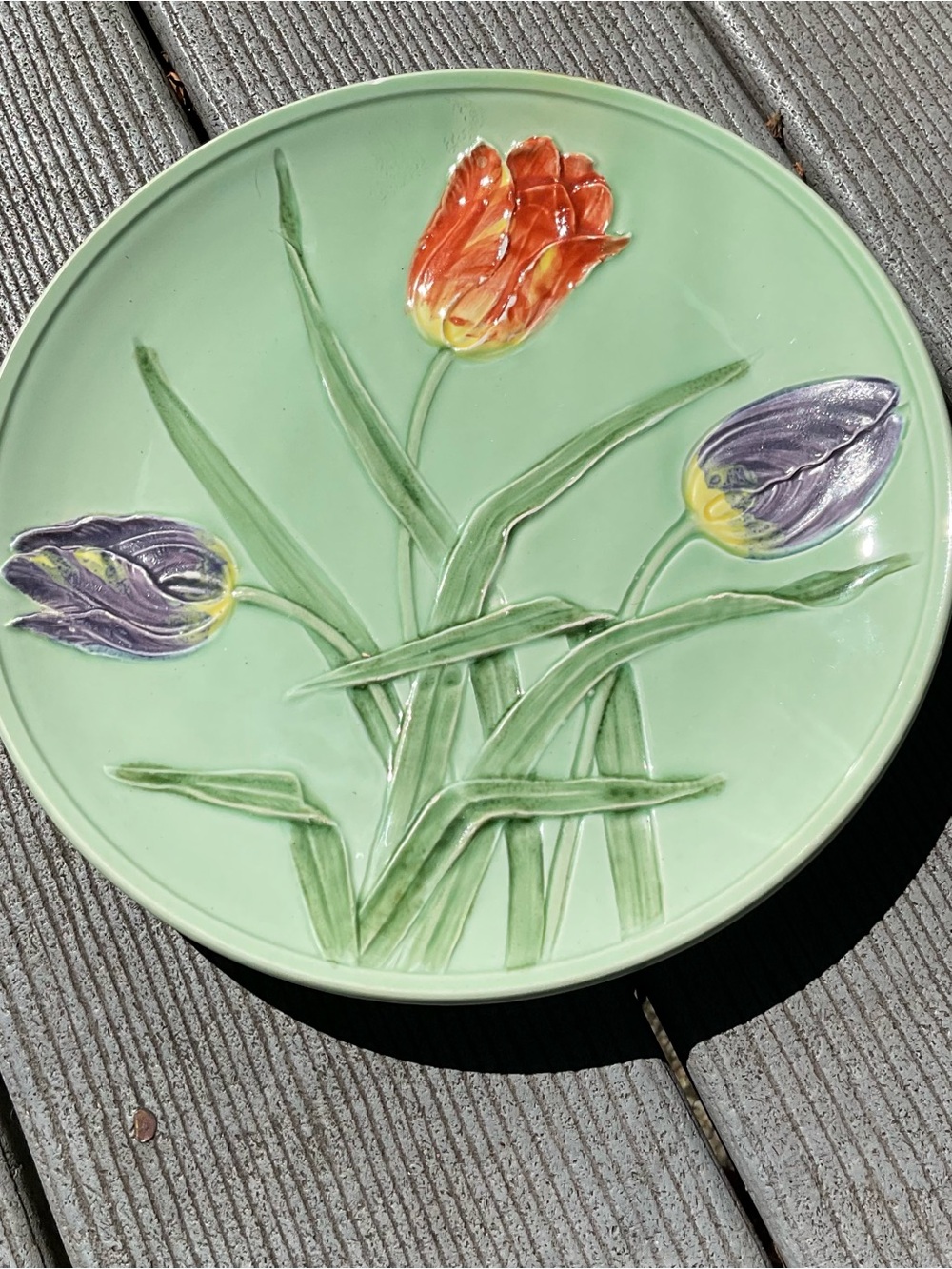 Antique MAJOLICA Green Tulip Zell German Ceramic Plate 1900’s